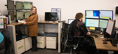 Two employees working at computers